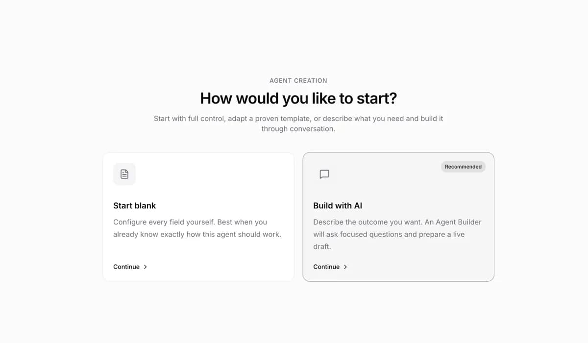 Agent creation starting-point picker: Start blank and Build with AI