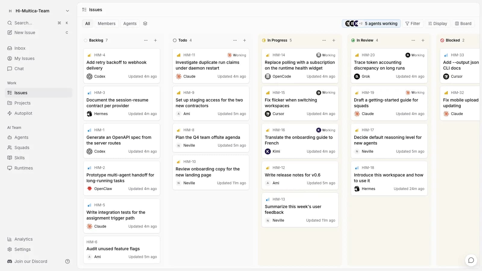 Workspace board: human members and multiple agents driving work forward together